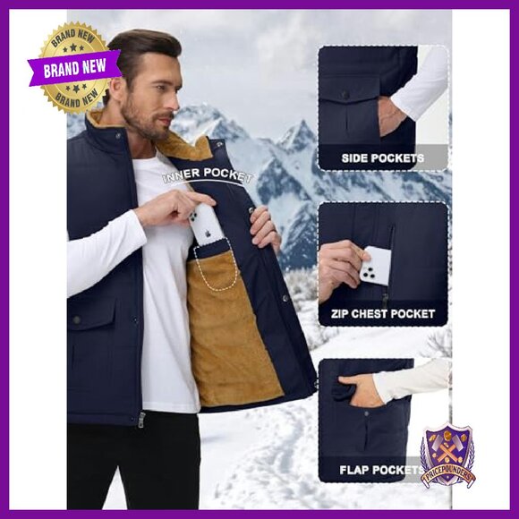 Men's Fleece Lined Quilted Puffer Vest with 4 Pockets - Picture 6 of 8